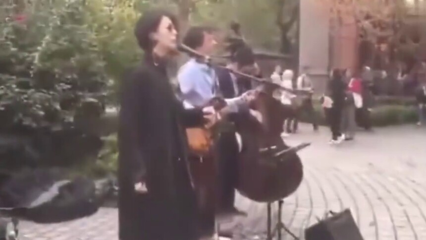 李亚鹏新女友街头唱爵士，歌声动听