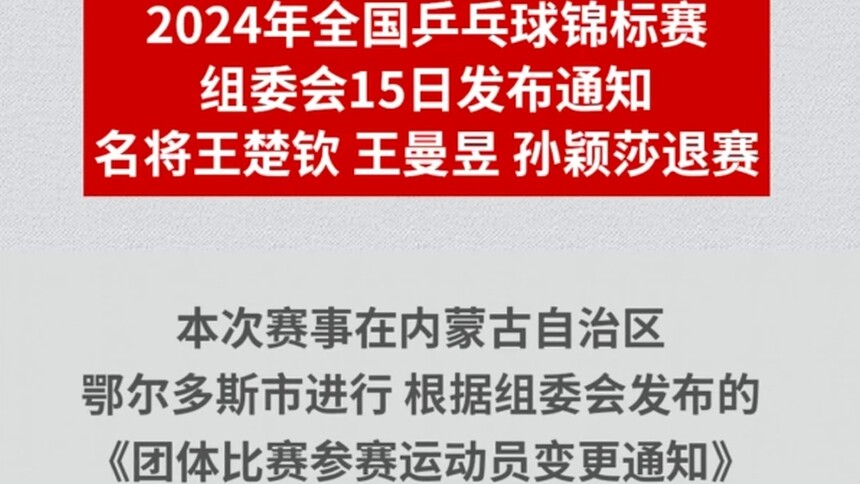 乒乓球全锦赛：王楚钦、王曼昱、孙颖莎退赛