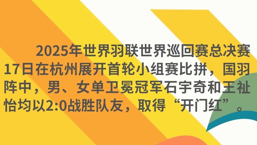 羽毛球世巡赛总决赛：石宇奇战胜李诗沣 王祉怡轻取韩悦