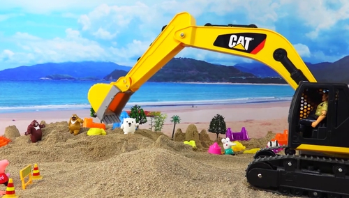 方块熊乐园第76期:超能工程车玩具 恐龙掉沙堆